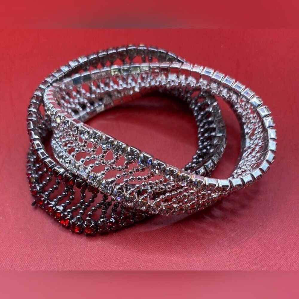 Pair Women’s Bracelets Red Clear Sparkling Rhinestones Stretch